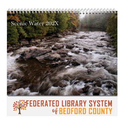 Scenic water images on spiral bound calendar with custom full color promotional imprint.