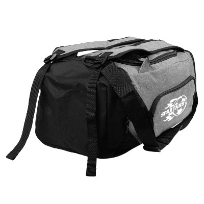 Heather gray convertible duffel bag with custom white imprint.