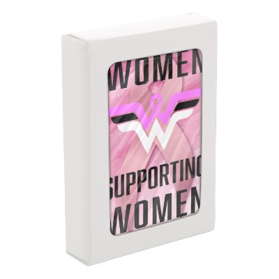Pink paper playing cards with a custom logo.