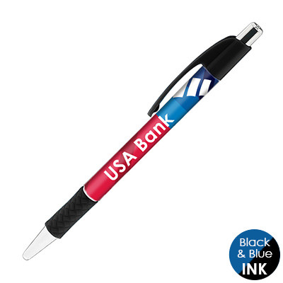 Custom plastic full-color pen with rubber grip.