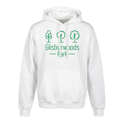 White fleece pullover with custom logo.