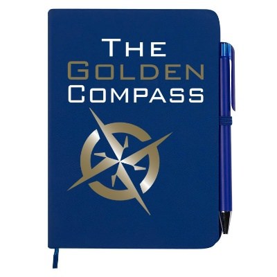 Full color logo on gray leather journal with pen and bookmark.