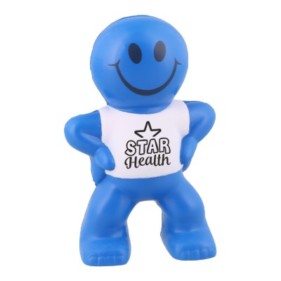 Blue with white foam stress ball with a custom logo.