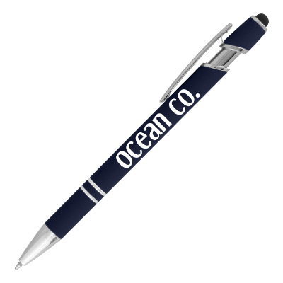 Blue metal pen with a personalized imprint.
