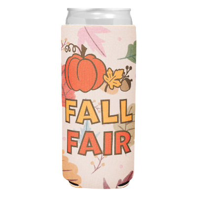 Fall slim can cooler with custom full color imprint.