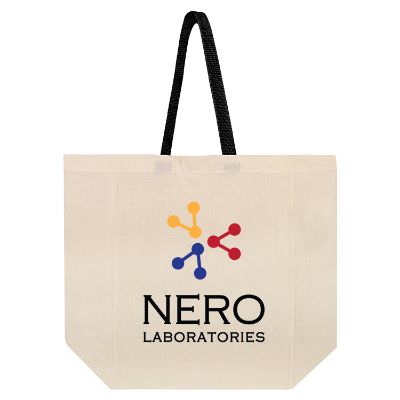 Cotton canvas natural with green grocery tote with custom full color logo.