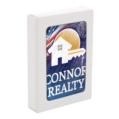 Patriotic paper playing cards with a custom logo.