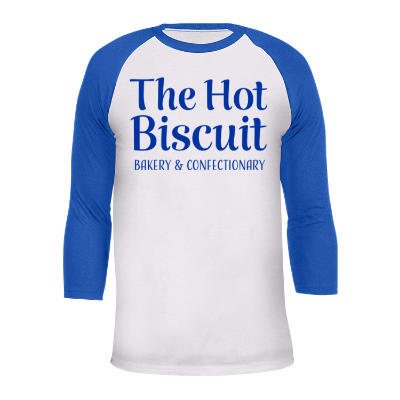 Personalized white with royal 3/4 sleeve tee with logo.