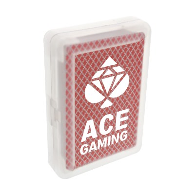 Clear plastic card case with a branded logo.
