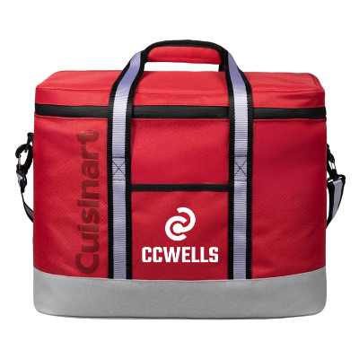 Red polyester cooler with a personalized imprint.