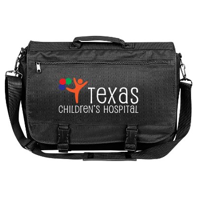 Buckled black messenger bag with personalized full-color imprint.