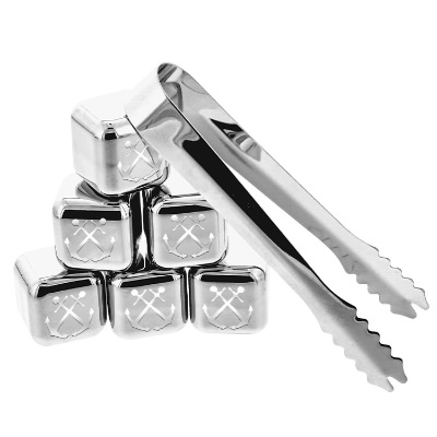 Stainless ice cube with custom logo.