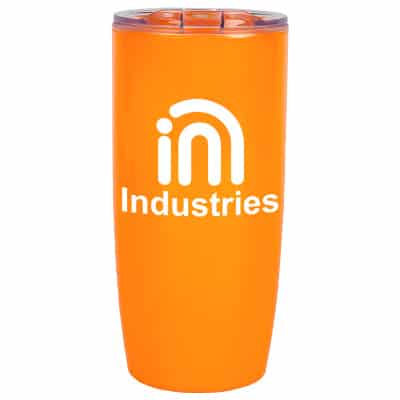 Acrylic orange tumbler with logo in 19 ounces.