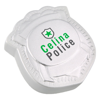 Silver foam stress ball with a personalized logo.