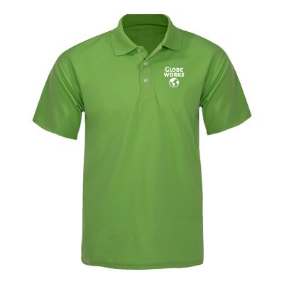 Light green men's polo with custom imprint.