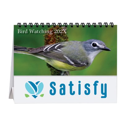 Tent desk calendar with photos of assorted birds with custom full color logo.