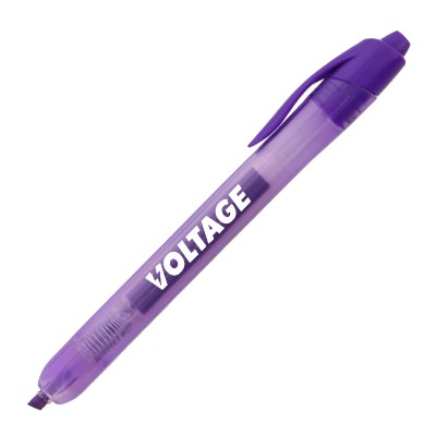 Purple plastic highlighter with a branded imprint