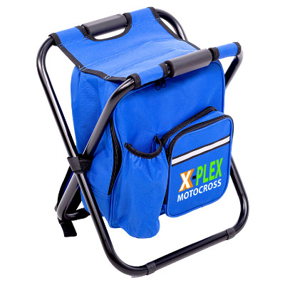 Blue polyester chair with a custom logo.