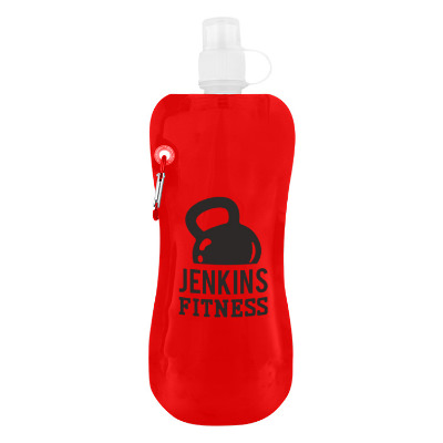 Red drink pouch with custom logo.