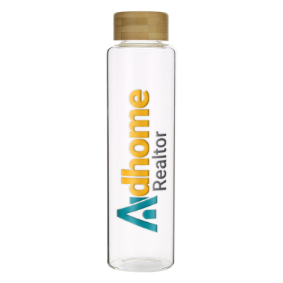 Glass water bottle with custom logo with elevated ink in 18.6 oz.