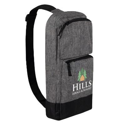 Gray zippered sling bag with custom full-color imprint.