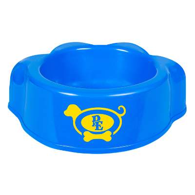 Blue paw shaped pet bowl with custom imprint.