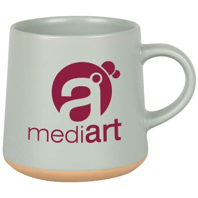 Ceramic sage coffee mug with c-handle and custom printing in 15 ounces.