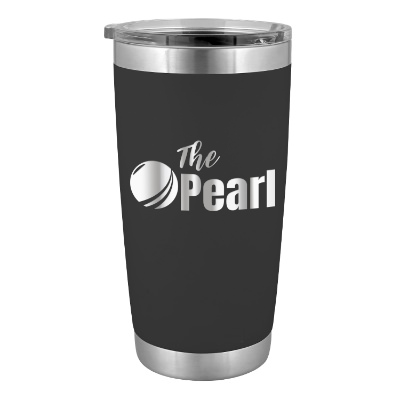 Black tumbler with custom engraved logo.