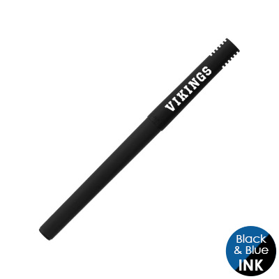 Black plastic pen with a personalized imprint.