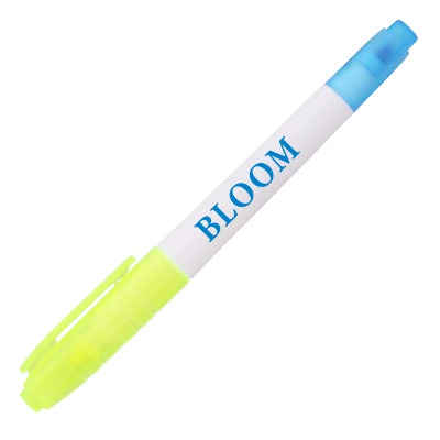 Yellow plastic highlighter with a branded logo.
