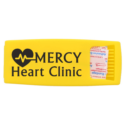 Yellow plastic bandage dispenser with a custom logo.