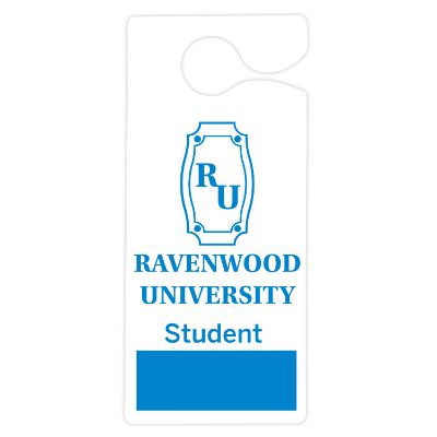 3-in. x 6-3/4-in. white plastic hanging parking permit with custom printed logo.
