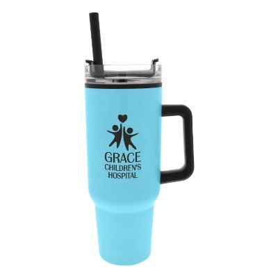 Stainless steel and plastic 40 oz. mug with custom logo.