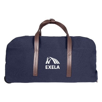 Navy duffel with custom logo.