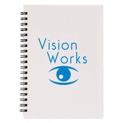 Custom logo on a white notebook.