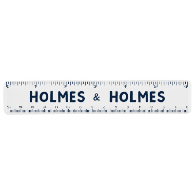 Plastic 6 inch translucent blue ruler with branding.