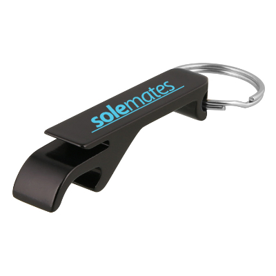 Aluminum black bottle opener with custom imprint.