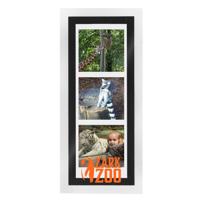 Black plastic picture frame with a personalized logo.