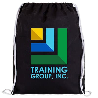 Cotton black drawstring bag with full-color custom logo and cord handles.