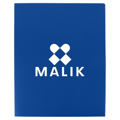 Blue polypropylene folder with a branded logo.