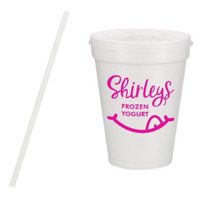 Styrofoam white foam cup with lid and straw and custom imprint in 14 ounces.