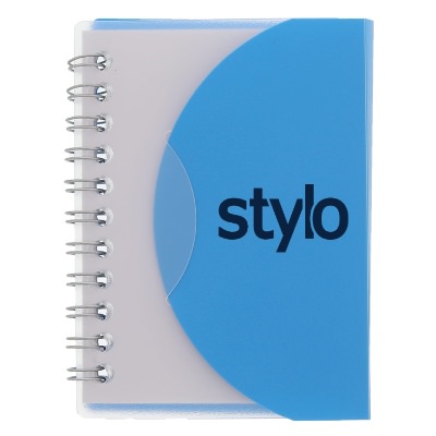 Recycled post spiral notebook with a clear cover and blue flap with a personalized logo.