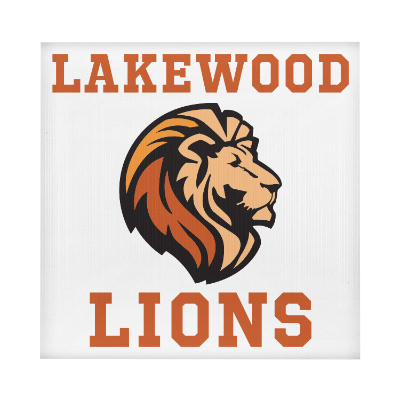White plastic yard sign with a branded logo.