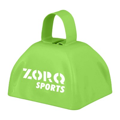 Green metal cowbell with a custom imprint.
