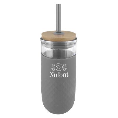 Gray tumbler with custom logo.