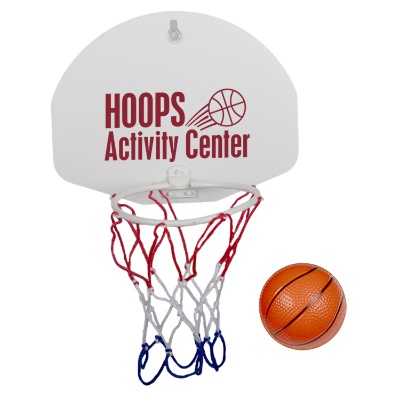 White plastic basketball hoop game with a custom imprint.