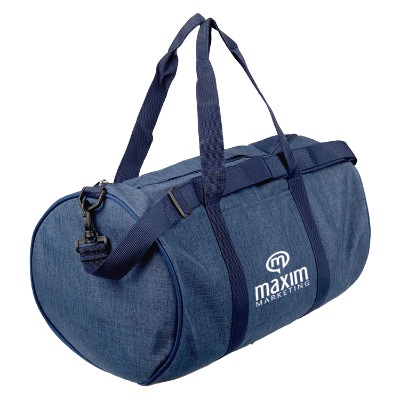 Custom blue gym bag with white logo.