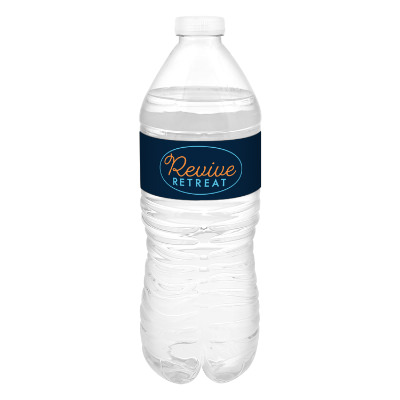Clear plastic bottled water with a custom logo.