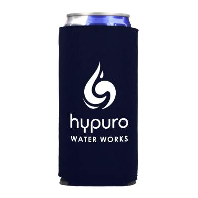 Foam navy blue slim can cooler with custom logo.