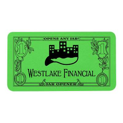 Lime green dollar bill vinyl jar opener with custom printed logo.